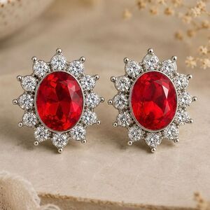 Ruby Red Oval Stud Earrings with Crystal Halo, Silver Tone